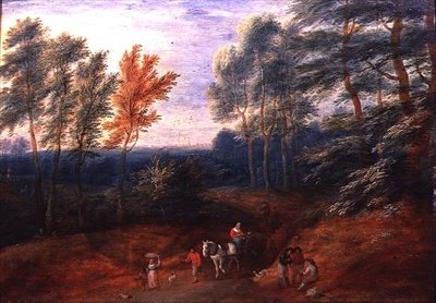 A Wooded Landscape with Travellers in a Haycart by A.F. and Bouts P. Boudewyns