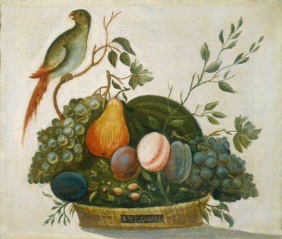 Basket of Fruit with Parrot by A.M. Randall