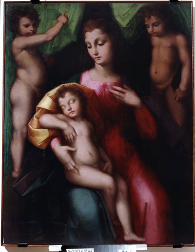 Virgin Adoring the Sleeping Christ Child with Two Angels. Painting by Andrea Piccinelli called Il Brescianino (1485-after 1525) by A. Piccinelli
