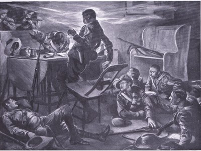The killing of two men of Comptons Horse while writing letters home (illustration from After Pretoria: The Guerilla War, 1902) by A. C. Ball