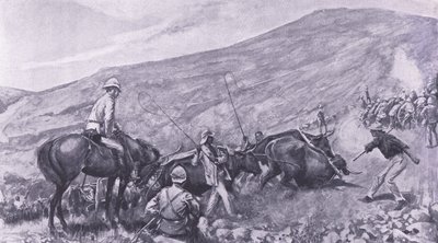 Transport difficulties at Barberton: How the guns and wagons were got up the mountains (illustration from After Pretoria: The Guerilla War, 1902) by A. C. Ball