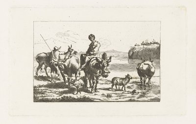Landscape with Shepherdess on Mule and Shepherd with Cows by A. Dickhof (signed by artist)
