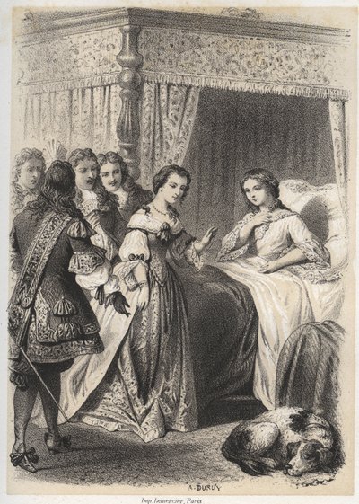 Madame Deshoulieres, Antoinette Ligier de La Garde (1637-1694) Overwhelmed with Questions by Her Entourage After a Night Spent with the Fear of the Ghost. Engraving by A. Duruy in 