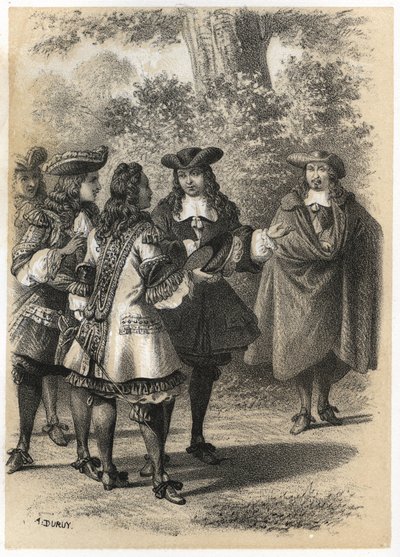 Meeting in Paris Between Jean Racine and Pierre Corneille. Engraving by A. Duruy in 