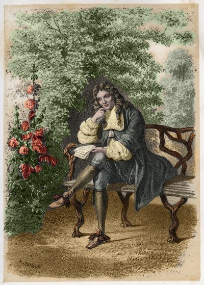Portrait of Nicolas Boileau (1636-1711) dit Boileau-Despreaux, a French writer in his house in Auteuil. Engraving by A. Duruy in 