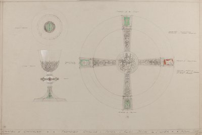 Chapel of Chivalry: proposed chalice, paten and alms dish by A. Edward Jones and Co.