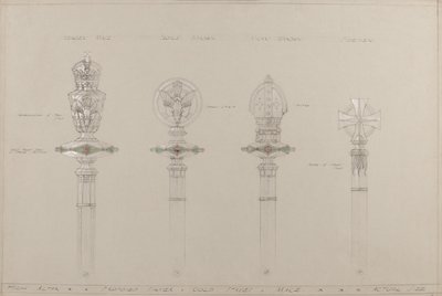 High Altar: proposed gold and silver staves and maces, actual size by A. Edward Jones and Co.