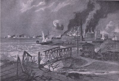 Destruction of a shipyard in Bari, Italy by Austro-Hungarian torpedo destroyers, from The Illustrated History of the World War 1914-1915 by A. Kircher