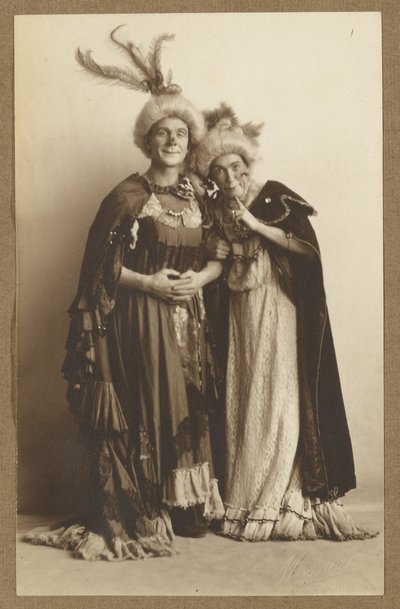 Man and Woman in Costume, Wearing Feathered Hats by A. Louis Mojonier