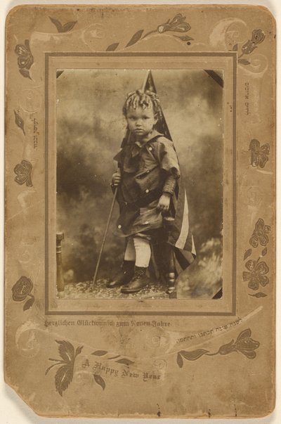 Little Boy Holding an American Flag, Standing on a Chair by A. Rinin