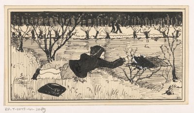 Girl Trying to Rescue Dog from Ice Hole by A. Tinbergen (signed by artist)