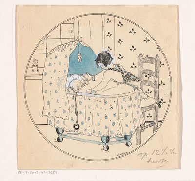 Girl Trying to Lift Baby from Cradle by A. Tinbergen (signed by artist)