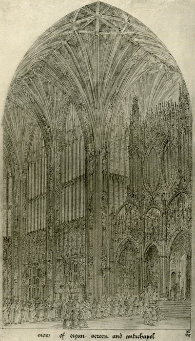 Architectural drawing: view of organ screen and antichapel by A. W. N. Pugin