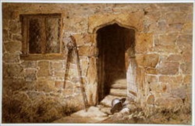 After the battle - a helmet before a stone gothic doorway by Aaron Edwin Penley