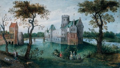 A moated Castle with elegant Figures in a Boat and a Huntsman and his Dogs on a Path in the foreground by Abel Grimmer or Grimer