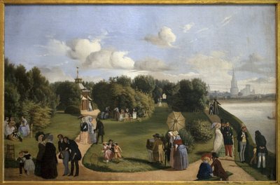 View of the Rochelle (Garden of the Bath Marie Therese). Characters of the Bourgeoisie in a Park: Couple Chatting on a Bench, Men Greeting Ladies, Child Playing with a Hoop... Painting by Alexandre Abel de Pujol (1785-1861), Oil on Canvas by Abel de Pujol