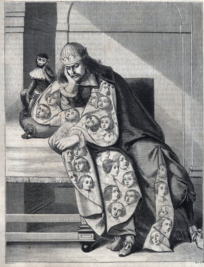 The man stuffed with malice: a man with a double coat of heads of women meditates with a monkey at his side. Reproduction of a print by Abraham Bosse by Abraham (after) Bosse