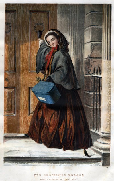 Christmas races: an elegant young woman knocks at the door of a house with a parcel in hand (illustration by Abraham Solomon) by Abraham (after) Solomon