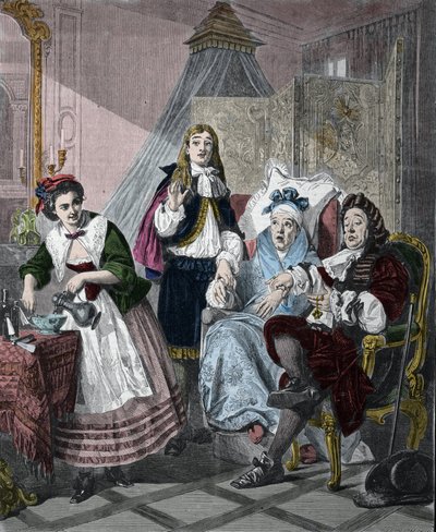 Le Malade imaginaire by Jean-Baptiste Poquelin called Moliere (1622-1673): scene 9, act II. Engraving after the painting by Abraham Solomon (1824-1862) of 1861 by Abraham (after) Solomon