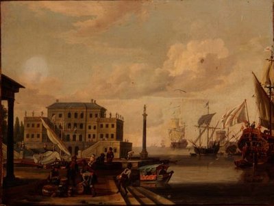 A Capriccio of a Mediterranean Harbour with Merchants and Shipping at Anchor by Abraham (follower of) Storck
