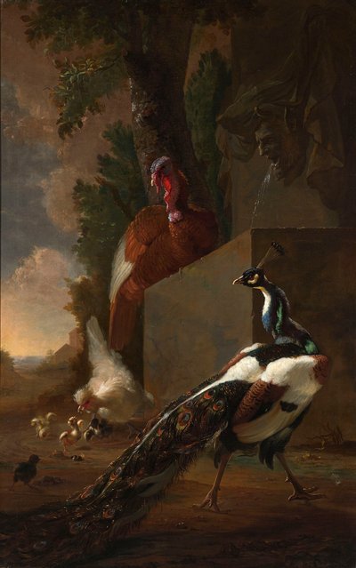 A Peacock, Turkey, and Chicken with her Chicks beside a Classical Fountain in a Landscape by Abraham Bisschop