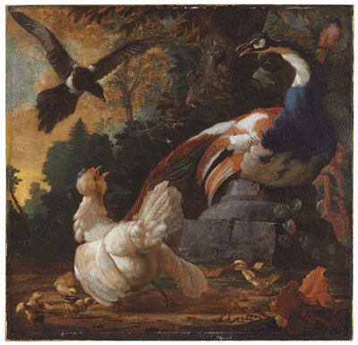 A Peacock, Poultry and a Magpie in a Landscape, 1720 by Abraham Bisschop