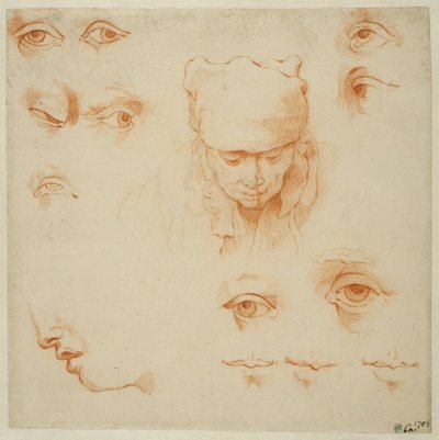 Head of an Old Woman, and Studies of Eyes and Mouths by Abraham Bloemaert