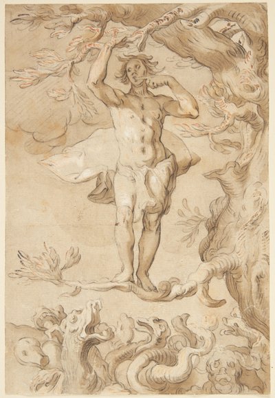The Frailty of Human Happiness. A Man Pursued by a Dragon Clings to a Tree, Licking Honey from His Fingers by Abraham Bloemaert