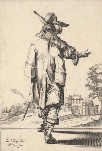 A Gentleman, Seen from Behind, with His Right Arm Outstretched and a Cloak Over His Left Shoulder, 1629 by Abraham Bosse