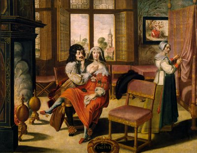 Sense of touch, ca 1635, by Abraham Bosse, after painting from series of 5 by unknown artist by Abraham Bosse