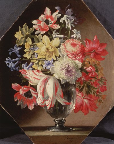 A Glass Vase of Flowers on a Stone Ledge Containing Tulips, Chrysanthemums, Roses and Bluebells by Abraham Brueghel