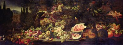 Still life of fruit with a green parrot and a silver vase by Abraham Brueghel
