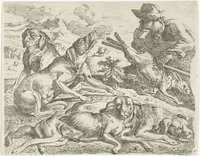 Four Dogs, a Hunter, and a Hare by Abraham Danielsz. Hondius