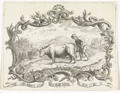 Farmer Plowing a Field with Two Oxen, in Cartouche by Abraham Delfos