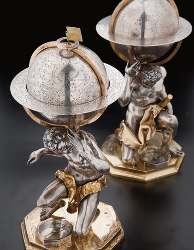 Two exceptional terrestrial and celestial globes, supported by Hercules and Atlas, Augsburg by Abraham Drentwett