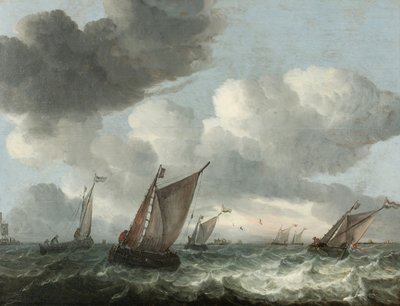 Fishing boats off the coast in a choppy sea by Abraham Hendricksz van Beyeren