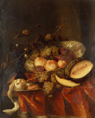 Fruit in a Wanli Craak Porcelain Bowl with a Glass, Melon and Pewter Plate by Abraham Hendricksz van Beyeren