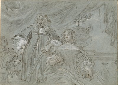 Group of a Seated Lady and a Standing Gentleman, Half Figures. In the Background a Black African and a Dog, to the Right a Balustrade by Abraham Lambertsz. van den Tempel