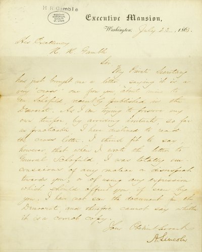 Letter signed A. Lincoln, Executive Mansion, Washington, to His Excellency, H.R. Gamble, July 23, 1863 by Abraham Lincoln