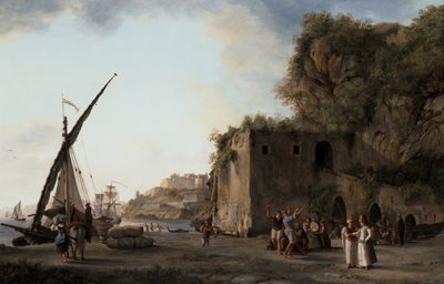 Pair: Harbour view with merchants and seamen playing music by Abraham Louis Rudolph Ducros