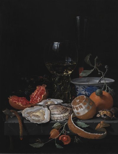 Oysters, Fruit and a Wineglass on a Stone Table by Abraham Mignon