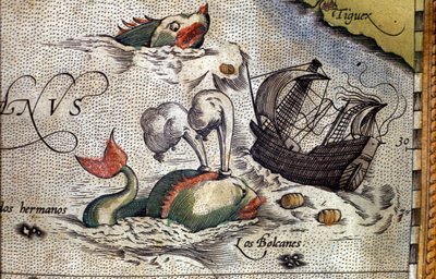 A whale attacks a ship. Plate from an edition of “Theatrum Orbis Terrarum” by cartographer Abraham Ortelius (1527-1598) by Abraham Ortelius