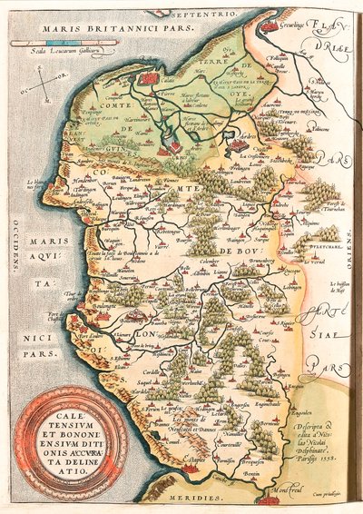 Geography Map of the Boulonnais Territory, Artois and French Flanders including the Places of Calais, Arches, Greuelinge, Etaples and Montreuil... taken from Theatrum Orbis Terrarum by Abraham Ortelius