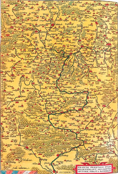 Franciae Orientalis (Vulgo/Franckenlant) Descriptio, Auctore Sebast. A. Rotenhan. Geography Map of the Territory of Franconia in Germany with the City of Frankfurt (also the City of Karlstadt) Taken from 