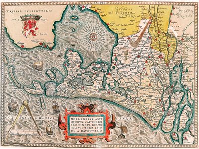 Hollandiae Antiquorum Catthorum Sedis Nova Descriptio, Auctore Lacobo a Daventria. Geography Map of the Territory of the Netherlands with the Cities of Amsterdam and Haarlem... Taken from 
