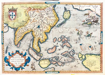 Pakistan, India, Sri Lanka, Nepal, Bhutan, Bangladesh, South China, Burma, Thailand, Laos, Vietnam, Cambodia, Malaysia, Brunei, Indonesia, The Philippines, Taiwan, South Japan by Abraham Ortelius