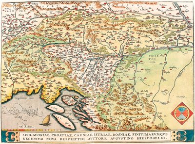Schlavoniae, Croatiae, Carniae, Istriae, Bosniae, Finitimarumque Regionum Nova Descriptio, Auctore Augustino Hirsuogelio Geography Map of the Territories of Slavonia, Croatia, Bosnia and Dalmatia from 
