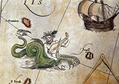 Triton playing lute near the island of Saint Brendan (Brandan). “Theatrum Orbis Terrarum” by Abraham Ortelius, Antwerp 1584 by Abraham Ortelius