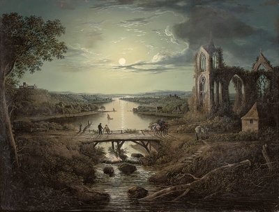 Moonlit View of the River Tweed with Melrose Abbey in the Foreground and Figures on a Bridge by Abraham Pether