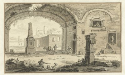 Imaginary Italian Cityscape with Classical Buildings and View Through an Arch by Abraham Rademaker